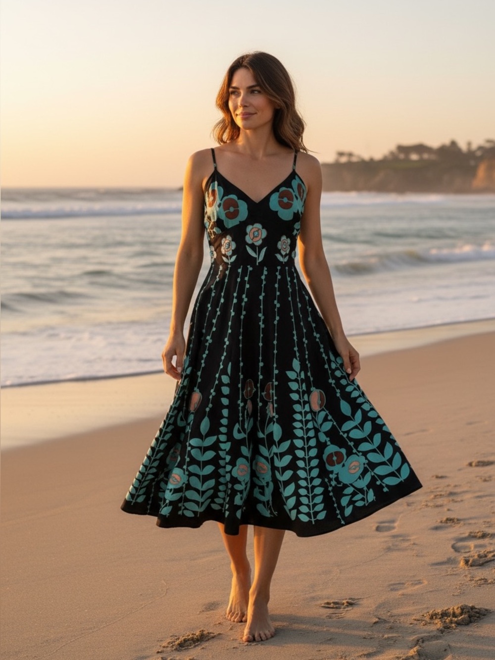 Boho Black Floral Embroidered Cotton Maxi Dress Teal Beaded Flowers Medium - Picture 6 of 6
